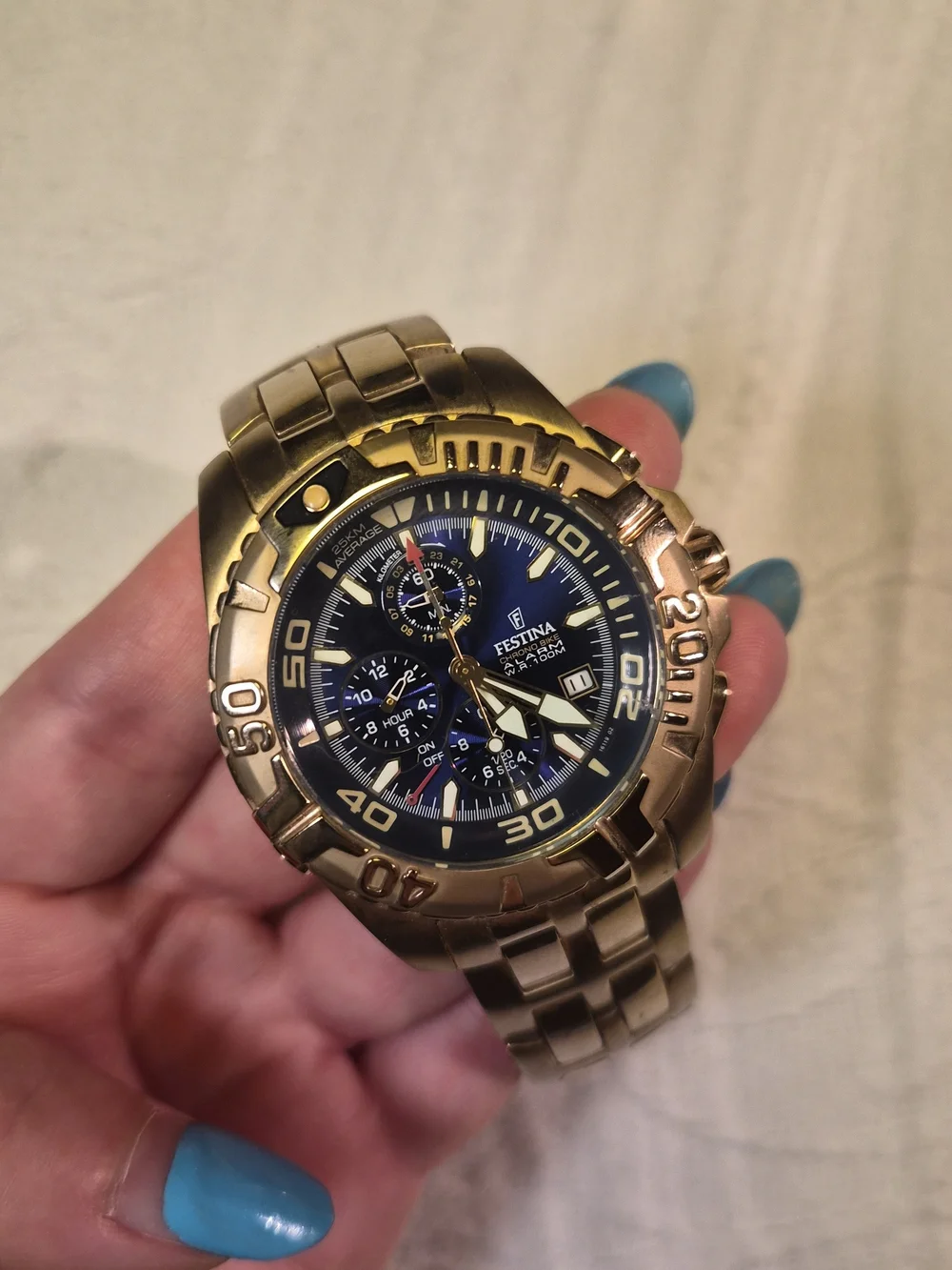 Mens Festina Watch Chronograph Gold Plated F 16119 Chrono Bike Blue Face ✨️💫